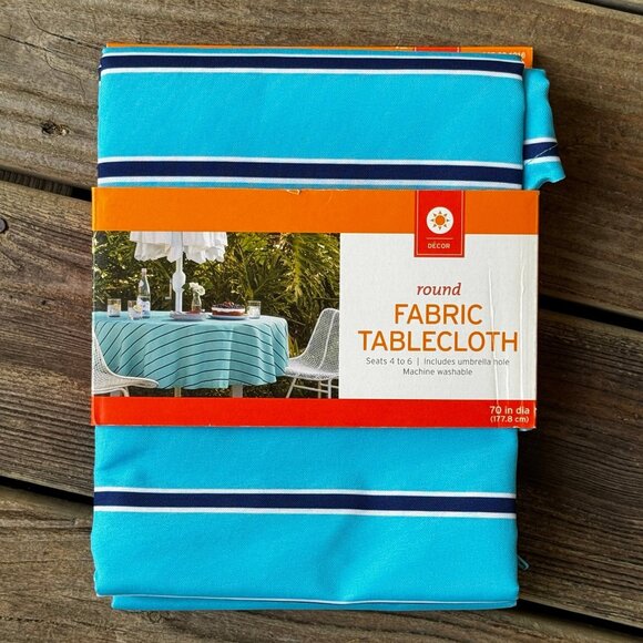 NEW NWT Target Fabric Tablecloth Round 70 Inch Diameter Blue with White Stripes - Picture 5 of 5